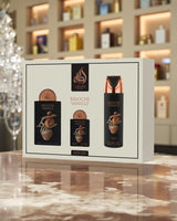 lattafa Gift set with 'Brioche Vanille' products on a marble surface with shelves in the background