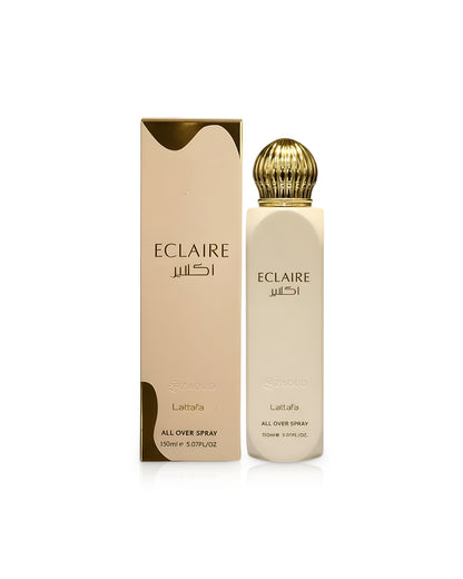 LATTAFA eclaire all over spray bottle shows beside its packaging against white background
