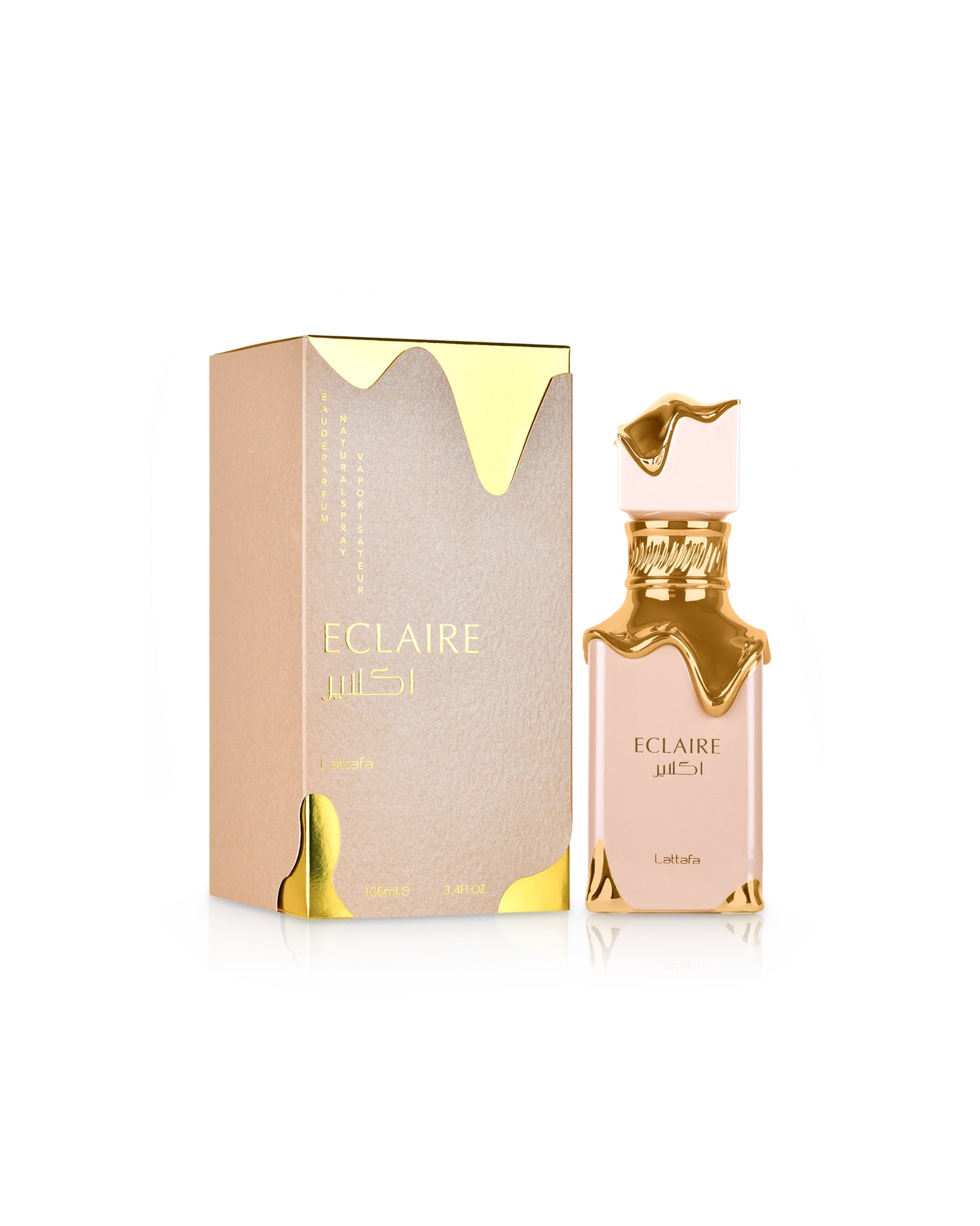 lattafa eclaire eau de parfum bottle shows beside its box against white background