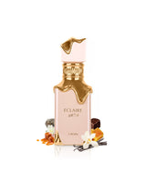 lattafa eclaire perfume bottle surrounded with its ingredients like vanilla an honey with many others like caramel and praline shows from behind the bottle against white background