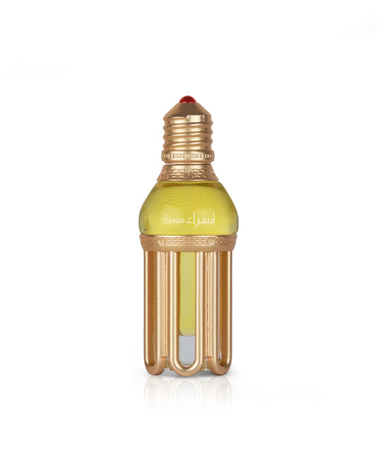 lattafa esraa perfume oil Decorative light bulb-shaped bottle with gold accents on a white background