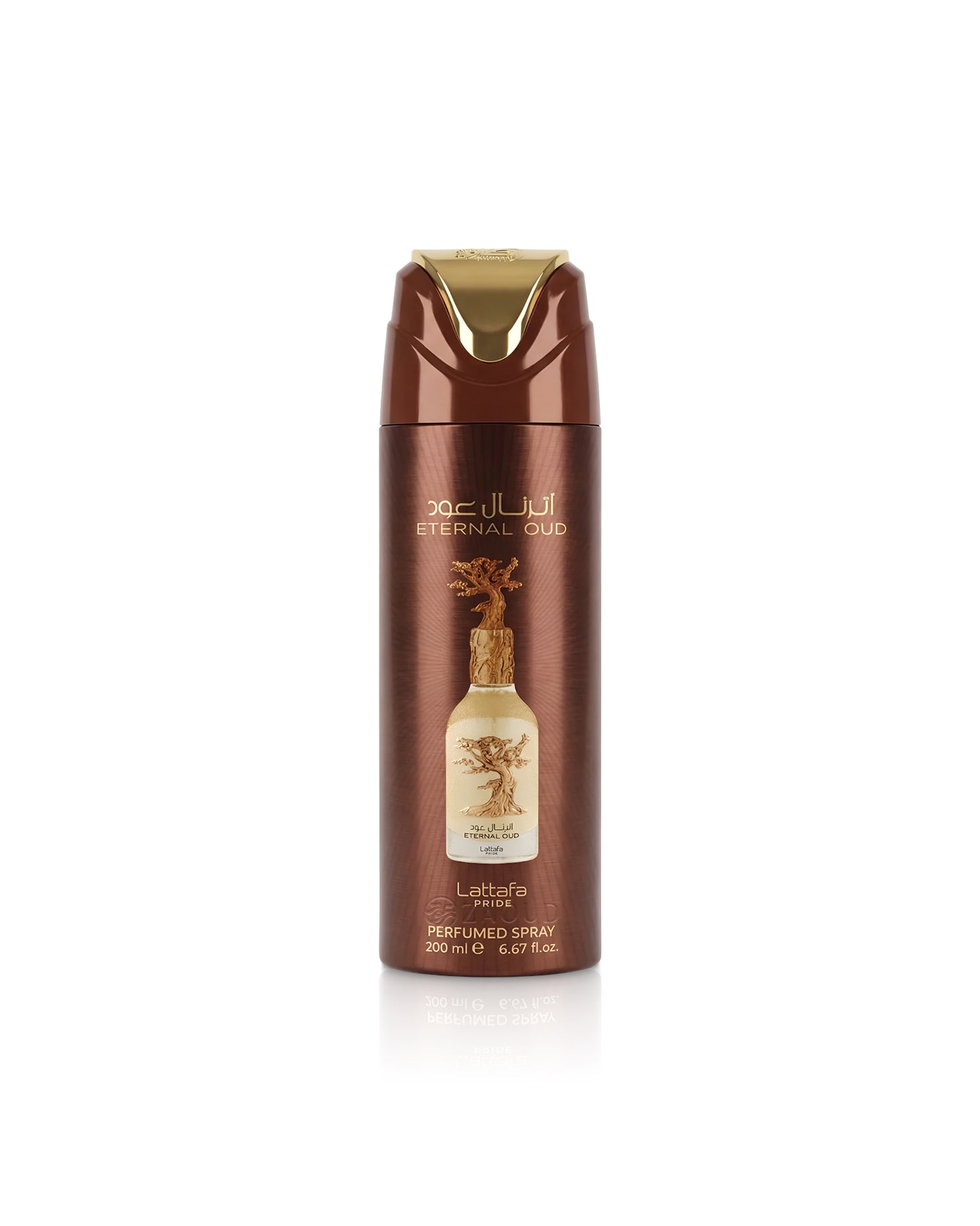 lattafa eternal oud deodorant bottle shows against white background