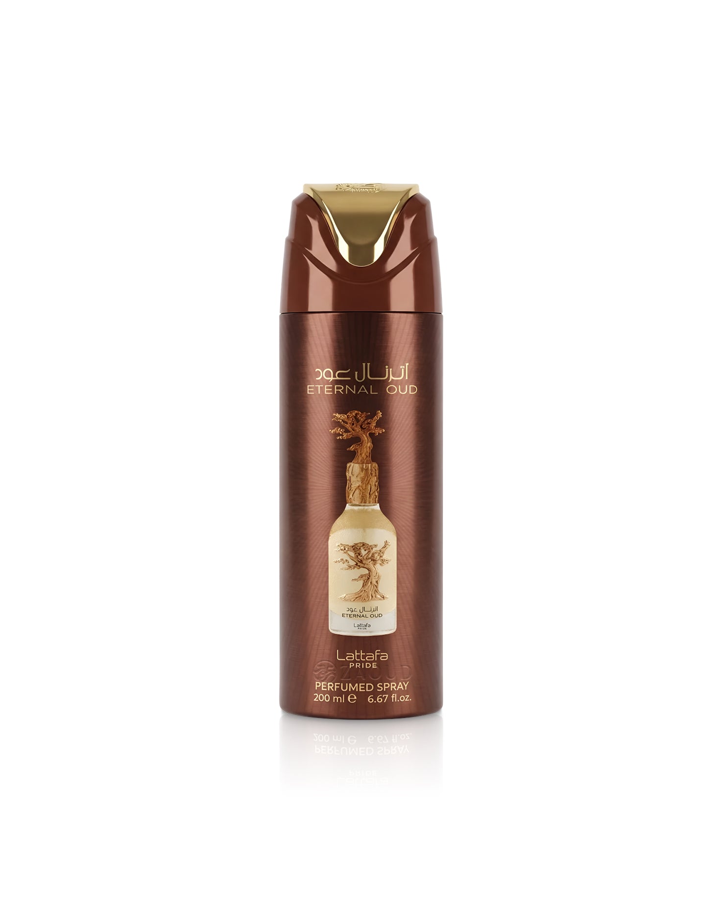lattafa eternal oud deodorant bottle shows against white background