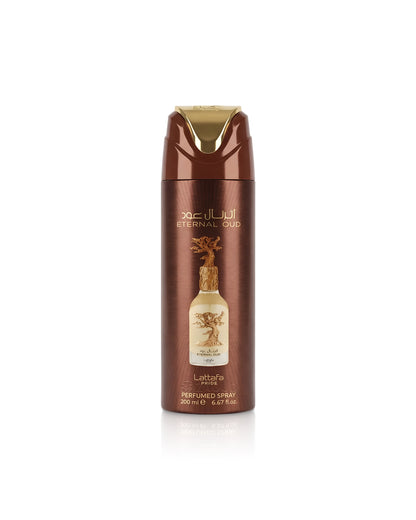 lattafa eternal oud deodorant bottle shows against white background