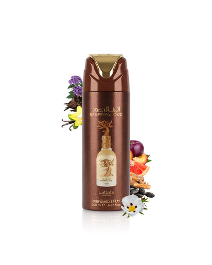 lattafa eternal oud deodorant bottle surrounded by fragrance notes like geranium and vanilla shows against white background