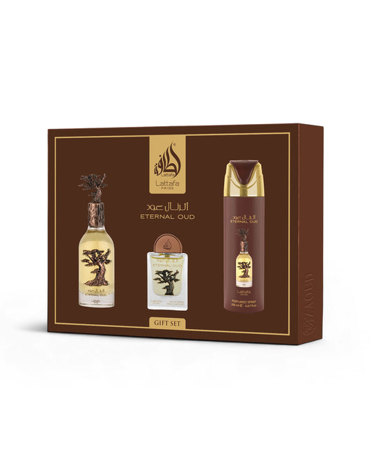 lattafa eternal oud gift set box shows against white background