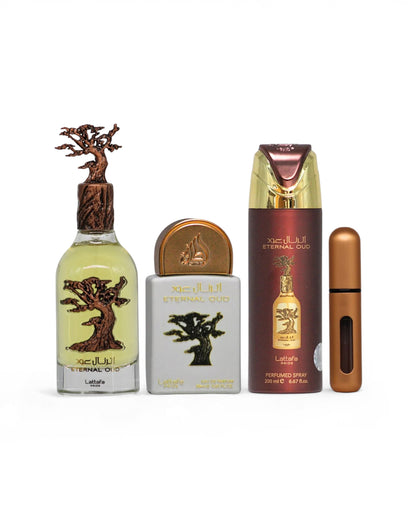 lattafa eternal oud perfume bottles and deodorant shows against white background