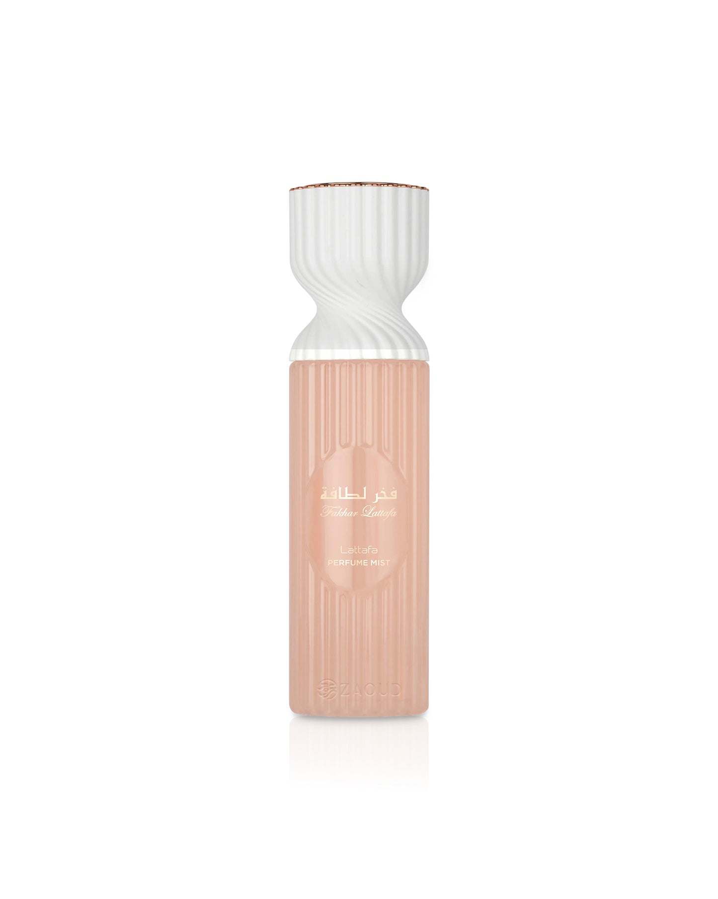 lattafa fakhar rose body mist Bottle with white top and pinkish-brown bottom on a white background