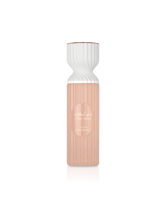 lattafa fakhar rose body mist Bottle with white top and pinkish-brown bottom on a white background
