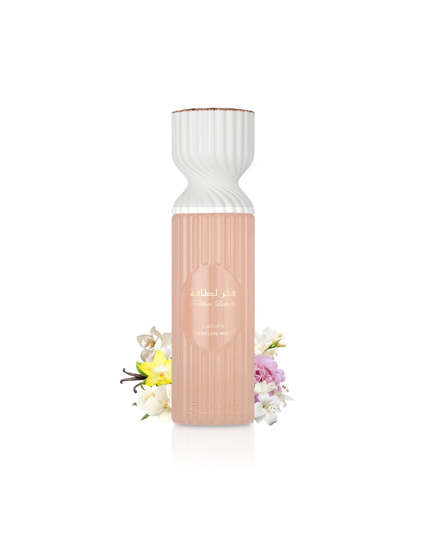 lattafa fakhar rose body mist Bottle with a white top and pink bottom on a white background with flowers at the base.