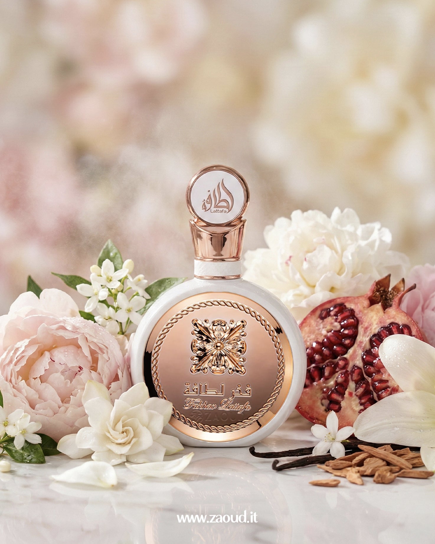  lattafa-fakhar-rose-edp bottle with floral and pomegranate decorations on a soft background