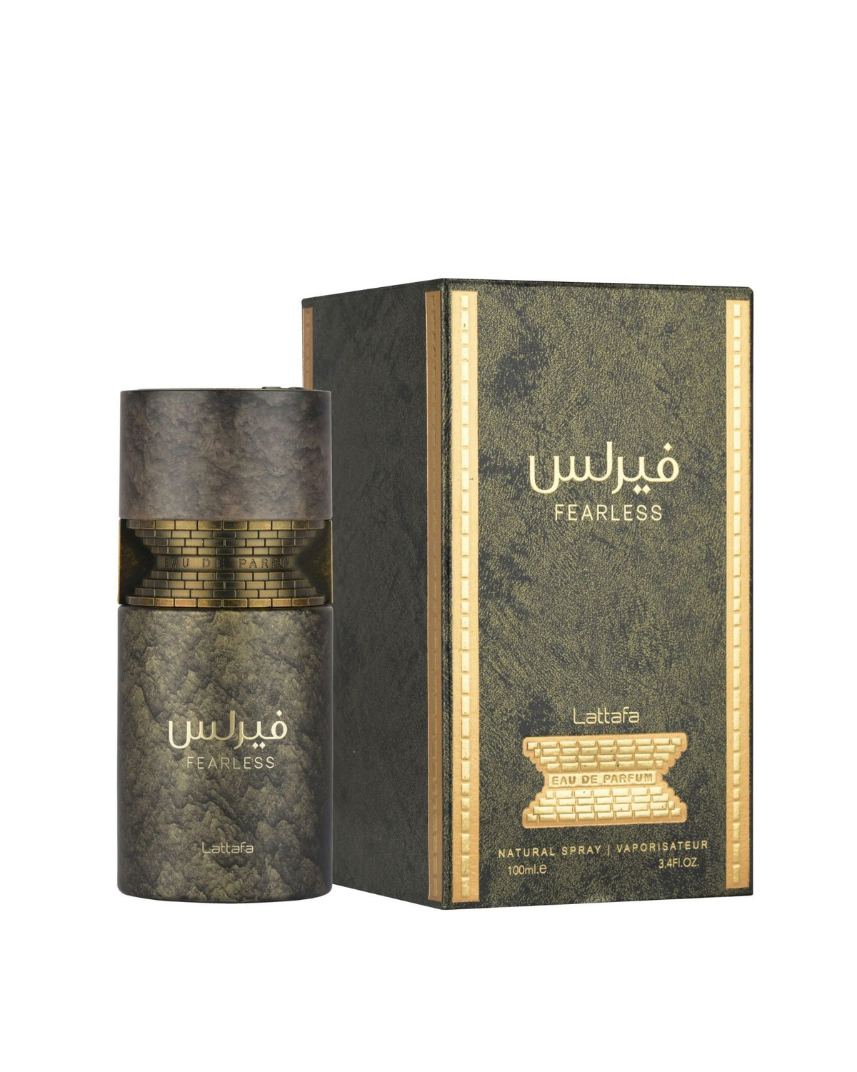 A bottle and box of Fearless by Lattafa perfume, featuring a dark textured design with gold accents and Arabic lettering on a white background.
