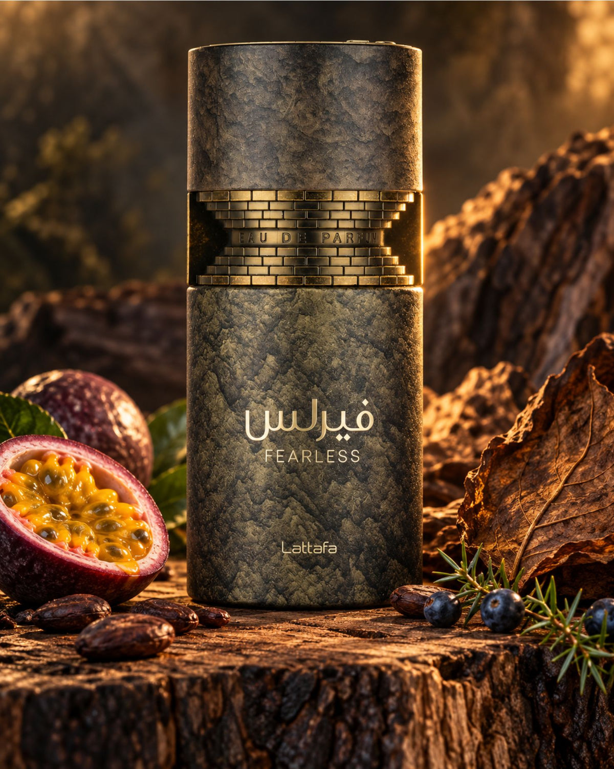 A cylindrical perfume bottle labeled 'lattafa Fearless' stands on a rustic tree stump surrounded by dried leaves, berries, and a halved passion fruit. The bottle has a textured dark metallic finish with gold lettering and a gold band near the top.