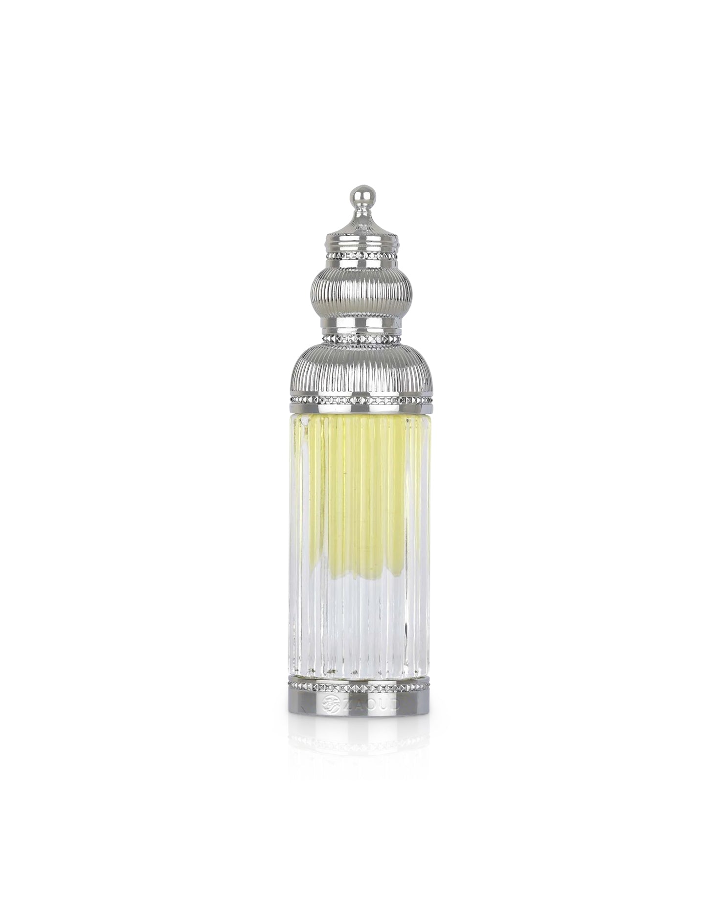 lattafa haakem perfume oil Decorative bottle with silver top and yellow liquid on a white background
