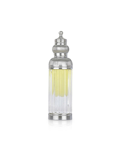 lattafa haakem perfume oil Decorative bottle with silver top and yellow liquid on a white background