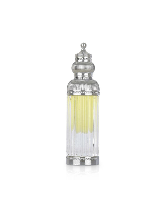 lattafa haakem perfume oil Decorative bottle with silver top and yellow liquid on a white background