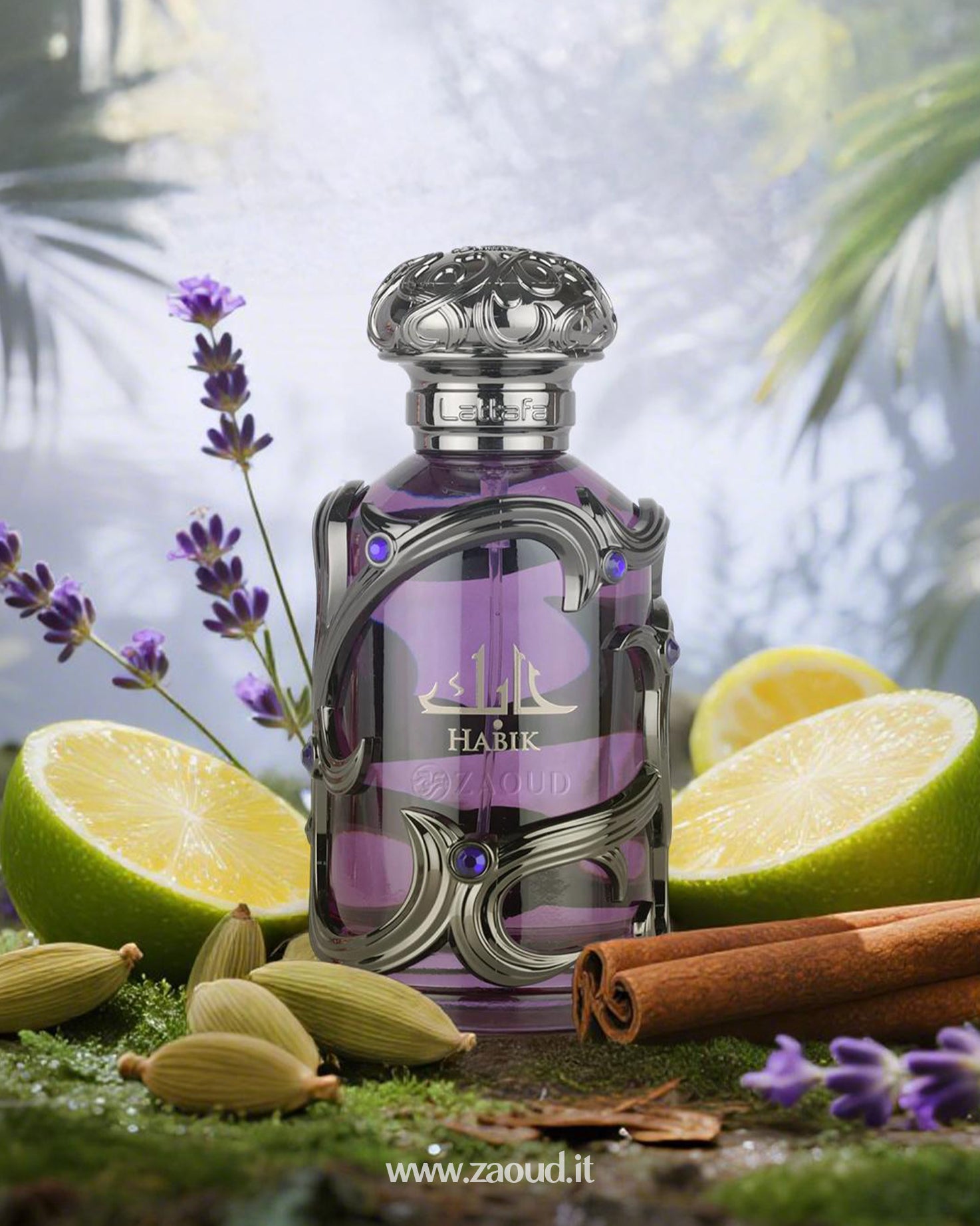 A purple perfume bottle of 'HABIK' by  Lattafa, set on moss with ingredients like lime halves, green cardamom pods, cinnamon sticks, lavender sprigs, against a misty tropical background
