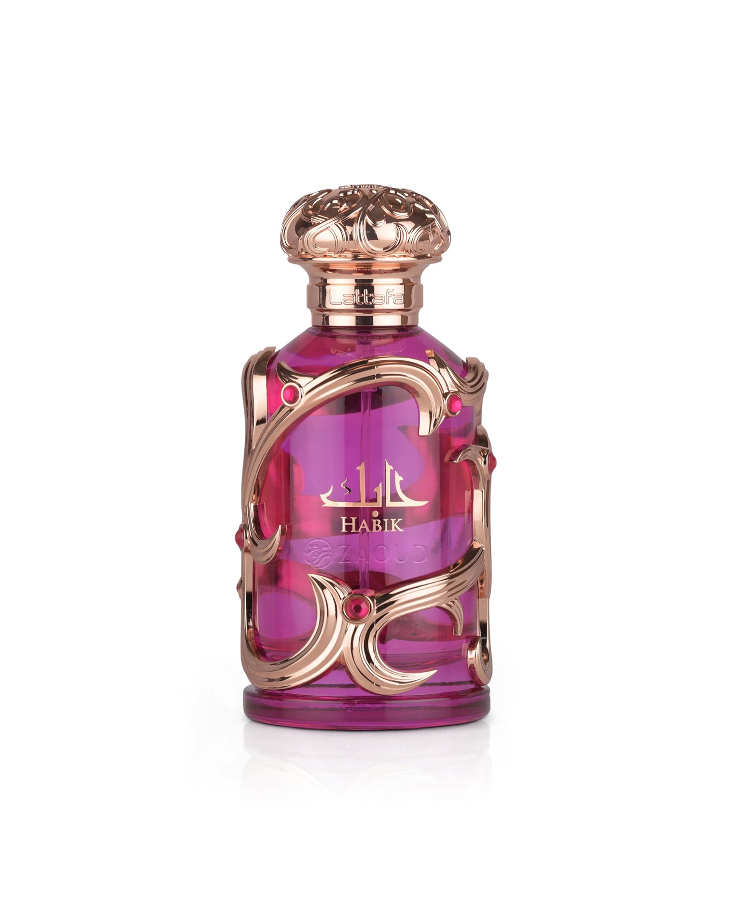 lattafa habik for women Purple perfume bottle with gold accents on a white background