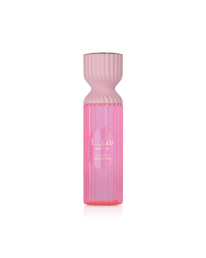 lattafa haya perfume mist Pink bottle with ribbed design on a white background