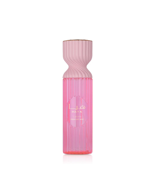 lattafa haya perfume mist Pink bottle with ribbed design on a white background