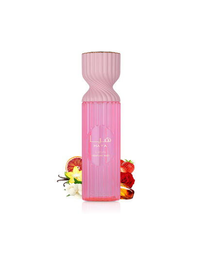 lattafa haya perfume mist Pink water bottle with floral and fruit decorations on a white background