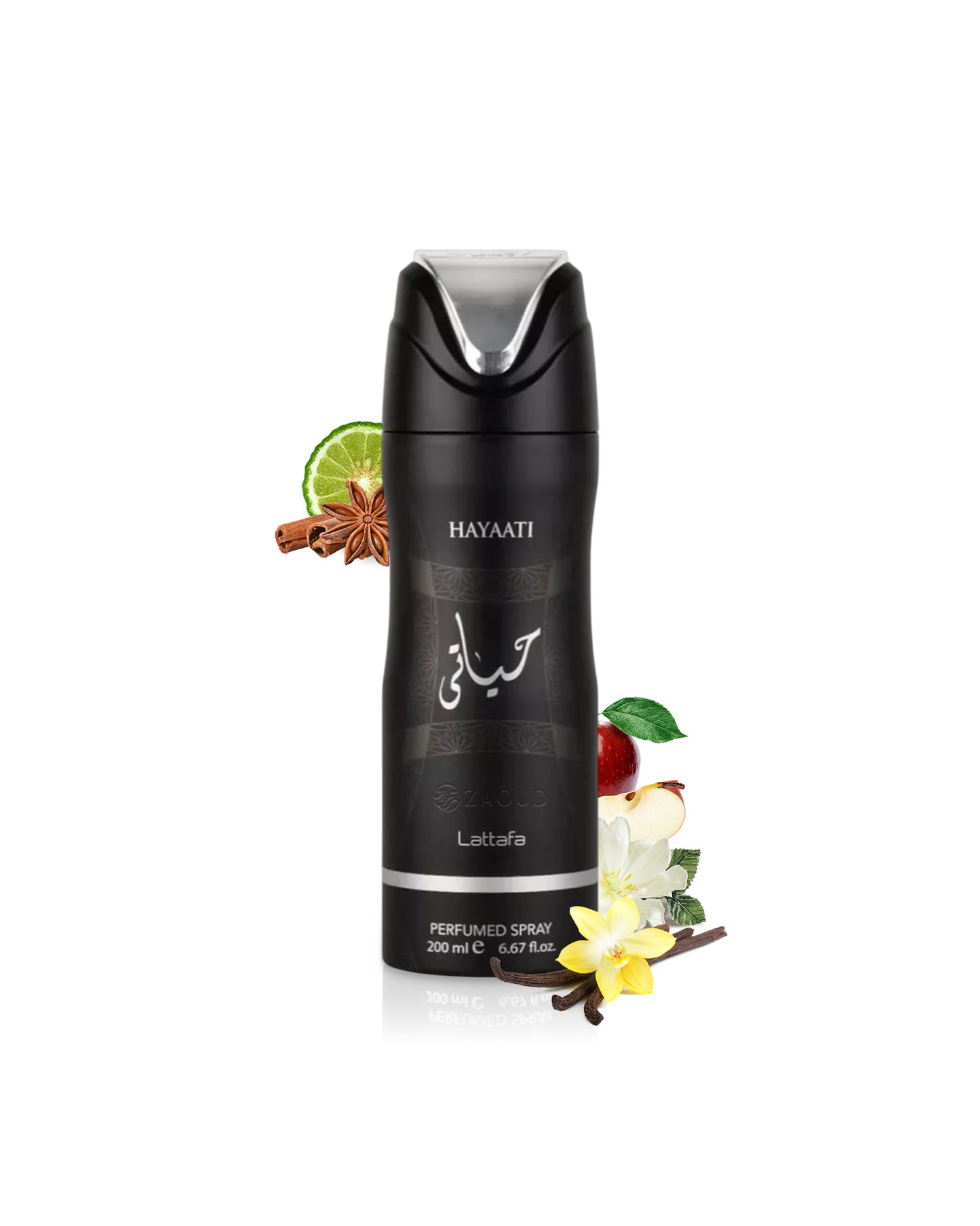 lattafa Hayaati bodyspray bottle with decorative elements like vanilla and cinnamon on a white background