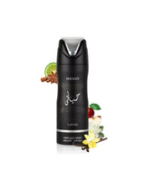 lattafa Hayaati bodyspray bottle with decorative elements like vanilla and cinnamon on a white background