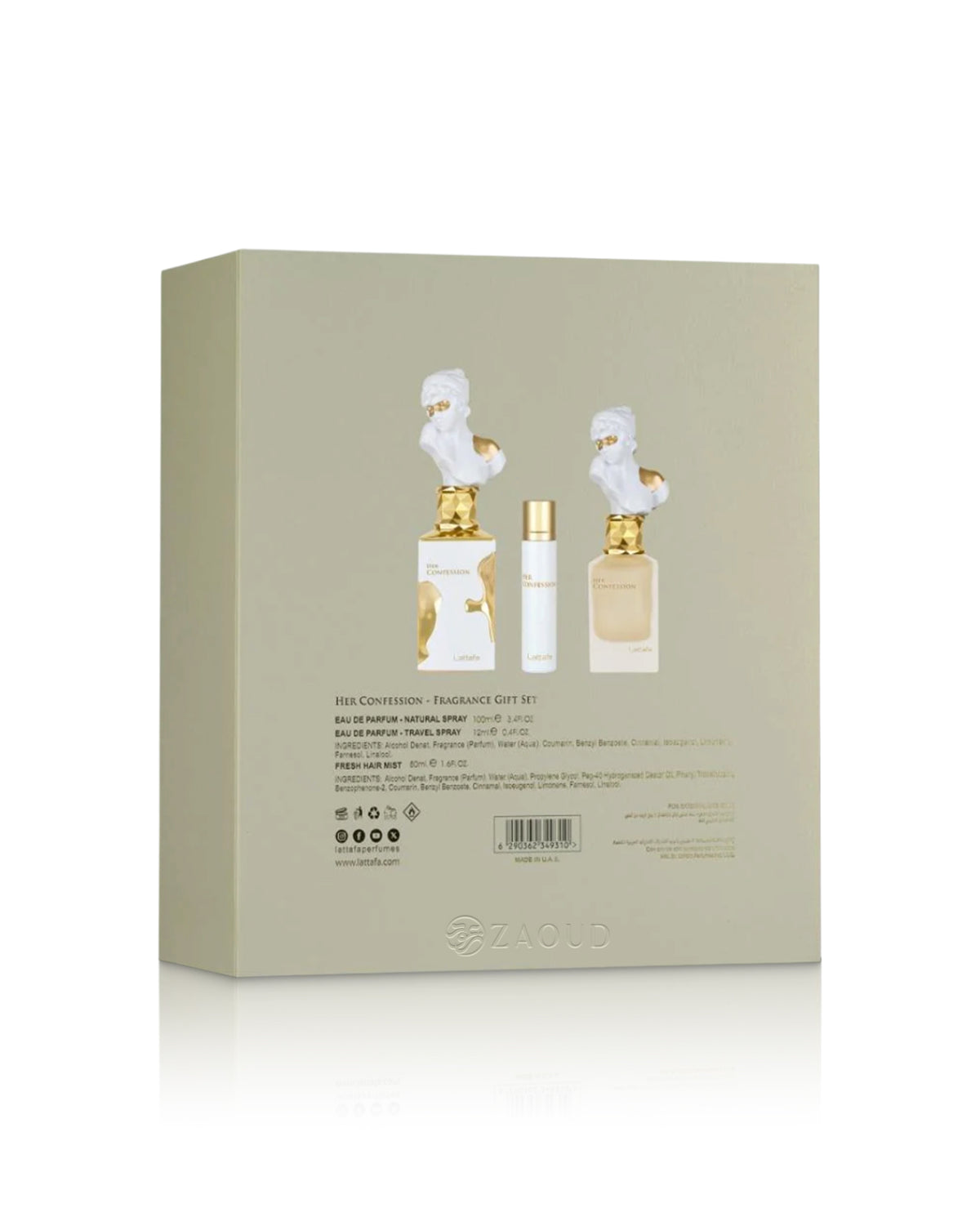 lattafa her confession gift set packaging backside shows against white background