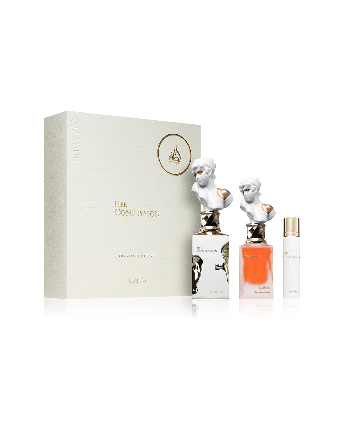 lattafa her confession gift set perfume bottles with packaging behind shows against white background