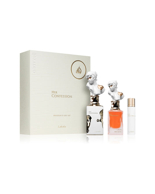 lattafa her confession gift set perfume bottles with packaging behind shows against white background