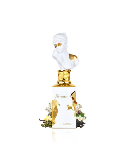 lattafa her confession perfume bottle surrounded with fragrance notes like jasmine and vanilla shows from behind the bottle against white background