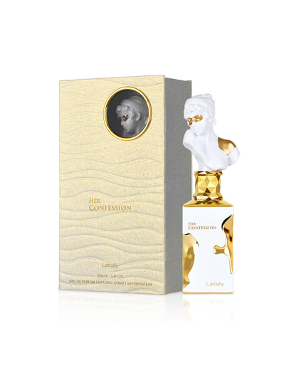 lattafa her confession perfume bottle shows beside its box against white background