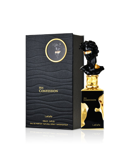 lattafa his confession perfume bottle shows beside its box against white background