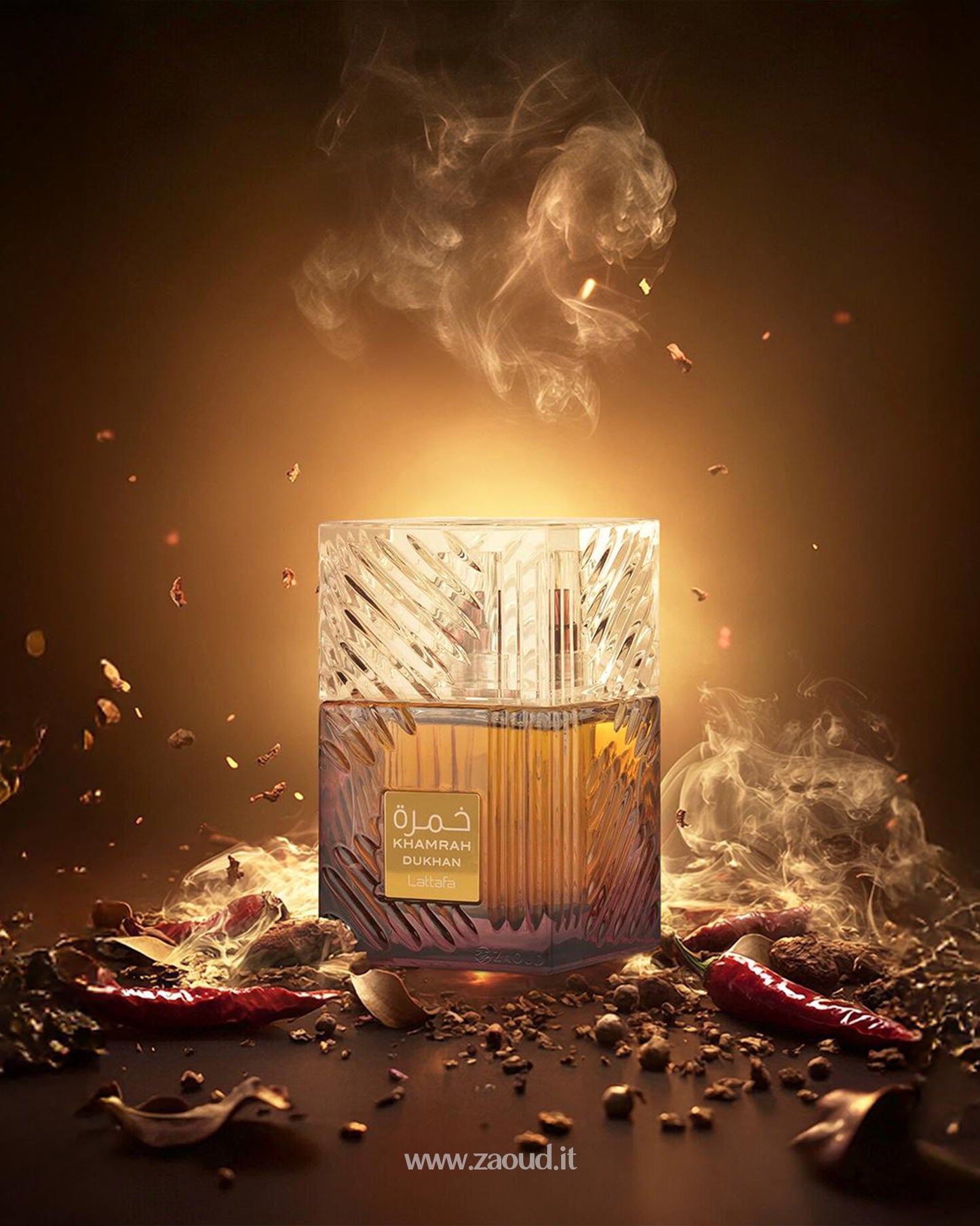 Lattafa Khamrah Dukhan Perfume Bottle with aromatic spices and smoke, showcasing an elegant design and rich fragrance. 