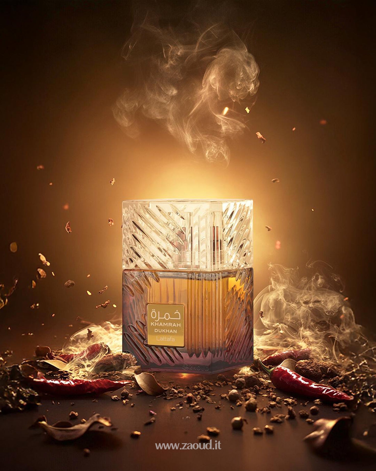Lattafa Khamrah Dukhan Perfume Bottle with aromatic spices and smoke, showcasing an elegant design and rich fragrance. 