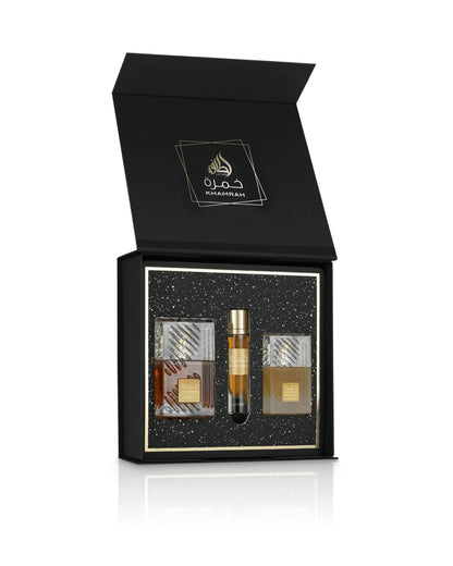 lattafa khamrah giftset box including bottles against white background
