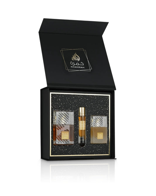 lattafa khamrah giftset box including bottles against white background