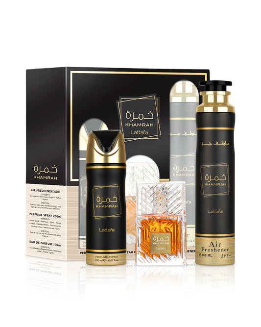 lattafa khamrah giftset contain khamrah perfume deodorant and airfreshner shows against white background