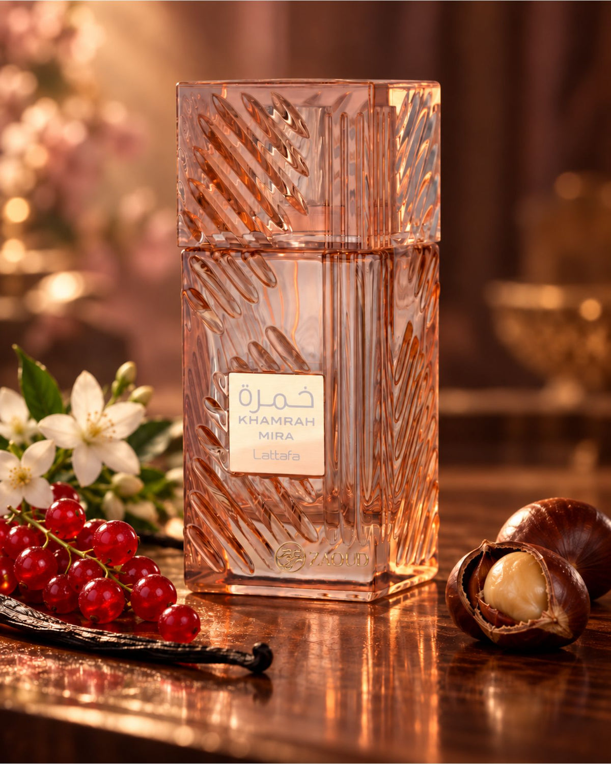 A faceted clear glass perfume bottle with a warm pinkish-amber tint and a central label reading 'KHAMRAH mira lattafa', styled on a reflective wooden surface with red berries, white flowers, vanilla bean, and chestnuts in a softly lit setting.