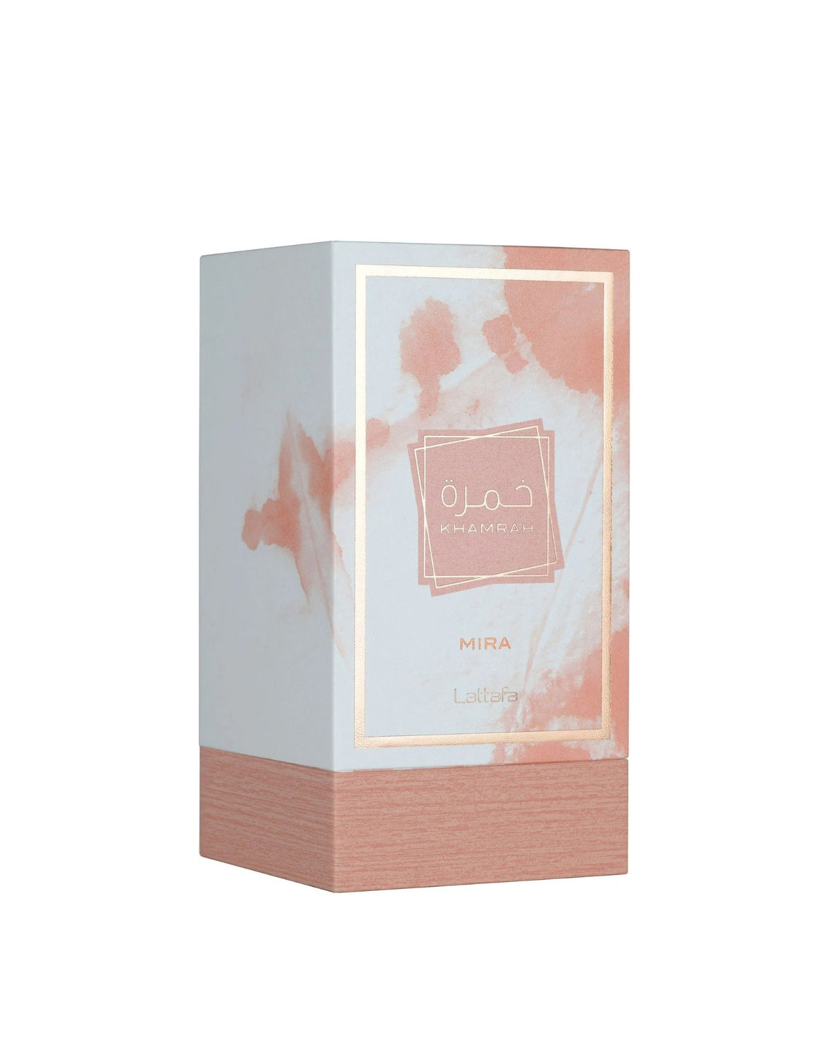 lattafa khamrah mira perfume box for 'Mira lattafa' featuring a light blue and pink watercolor design with a gold border and a pink wood-grain textured base, shown on a plain white background.