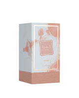 lattafa khamrah mira perfume box for 'Mira lattafa' featuring a light blue and pink watercolor design with a gold border and a pink wood-grain textured base, shown on a plain white background.