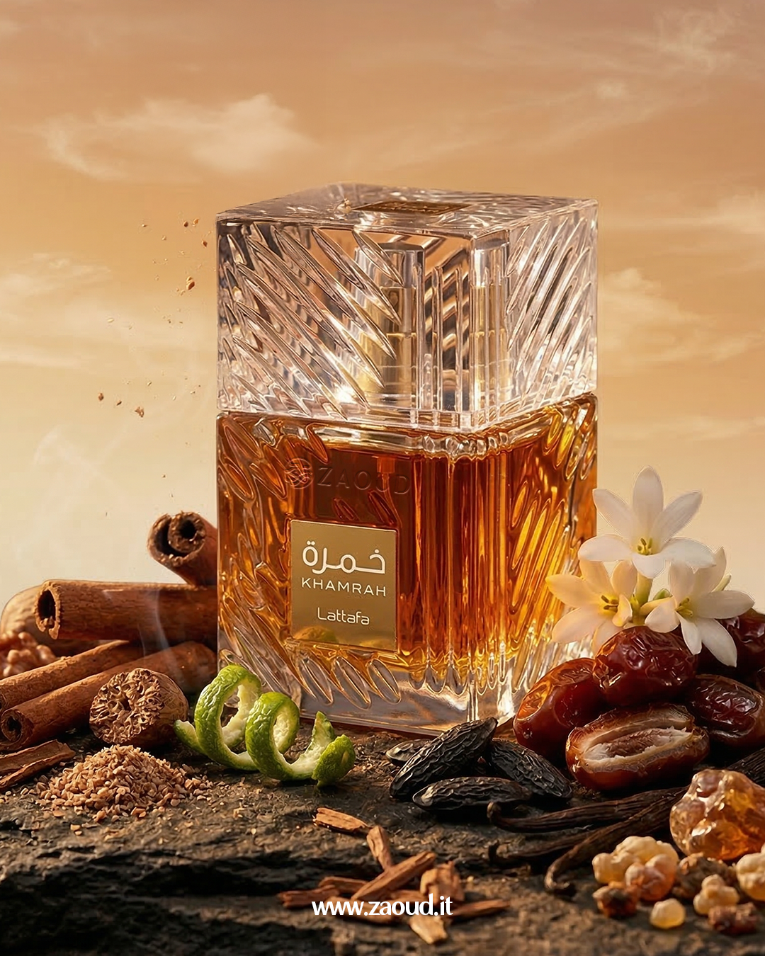 Glass bottle of Imamrah Lattafa perfume with spices and flowers on a warm-toned background