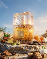 Lattafa Khamrah Qahwa perfume bottle with coffee beans ginger cinnamon cardamom praline and candied fruits on stone surface luxury coffee gourmand fragrance