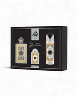 lattafa king of arabia perfume gift set box shows against white background