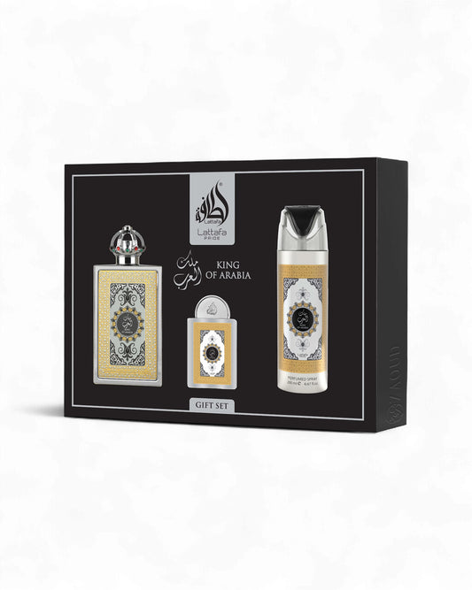 lattafa king of arabia perfume gift set box shows against white background