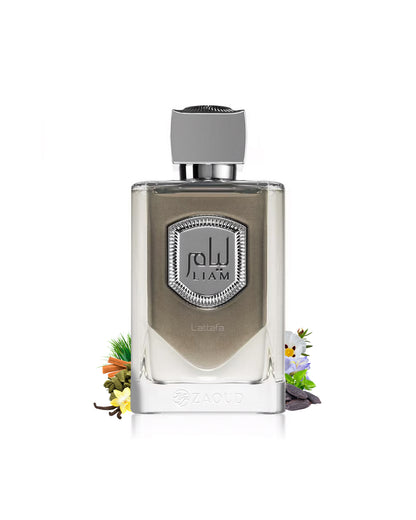 lattafa liam grey perume bottle surrounded with fragrance notes like vanilla and cardamom shows against white background 