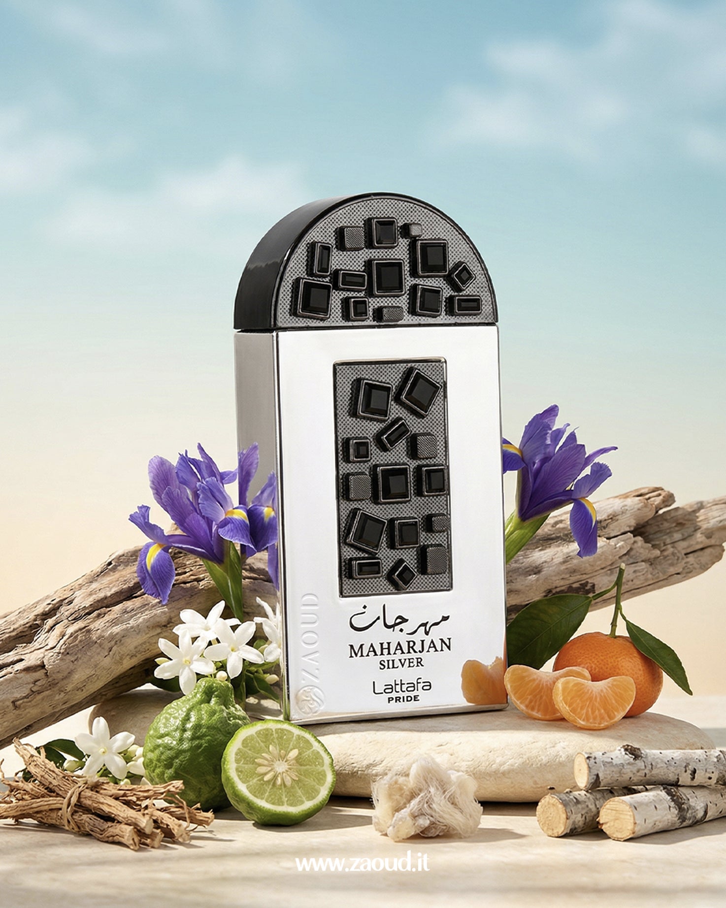 Maharjan Silver Lattafa perfume bottle with flowers and fruits on a beach background