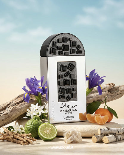 Maharjan Silver Lattafa perfume bottle with flowers and fruits on a beach background
