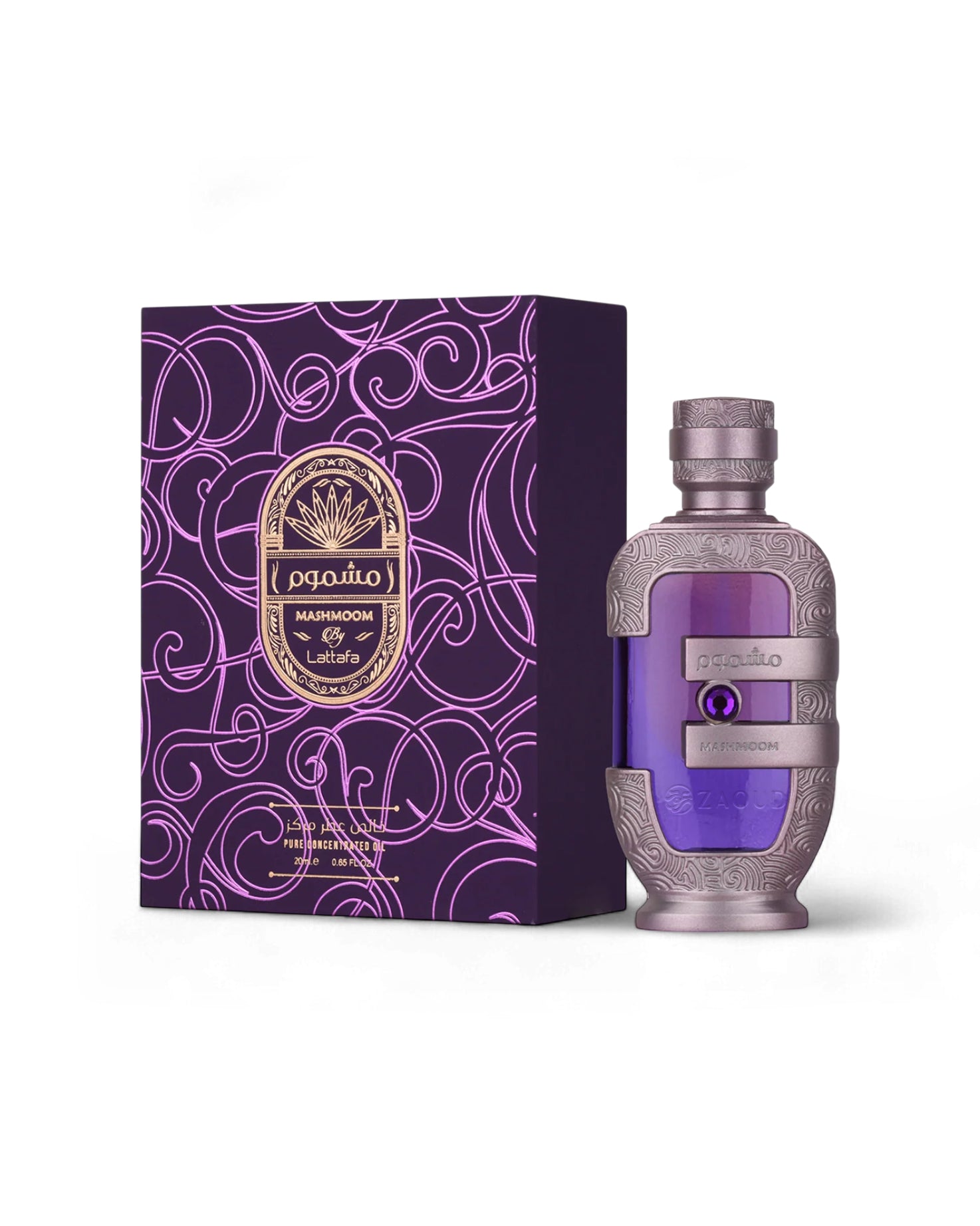 lattafa mashmoom perfume oil bottle and packaging with intricate design on a white background