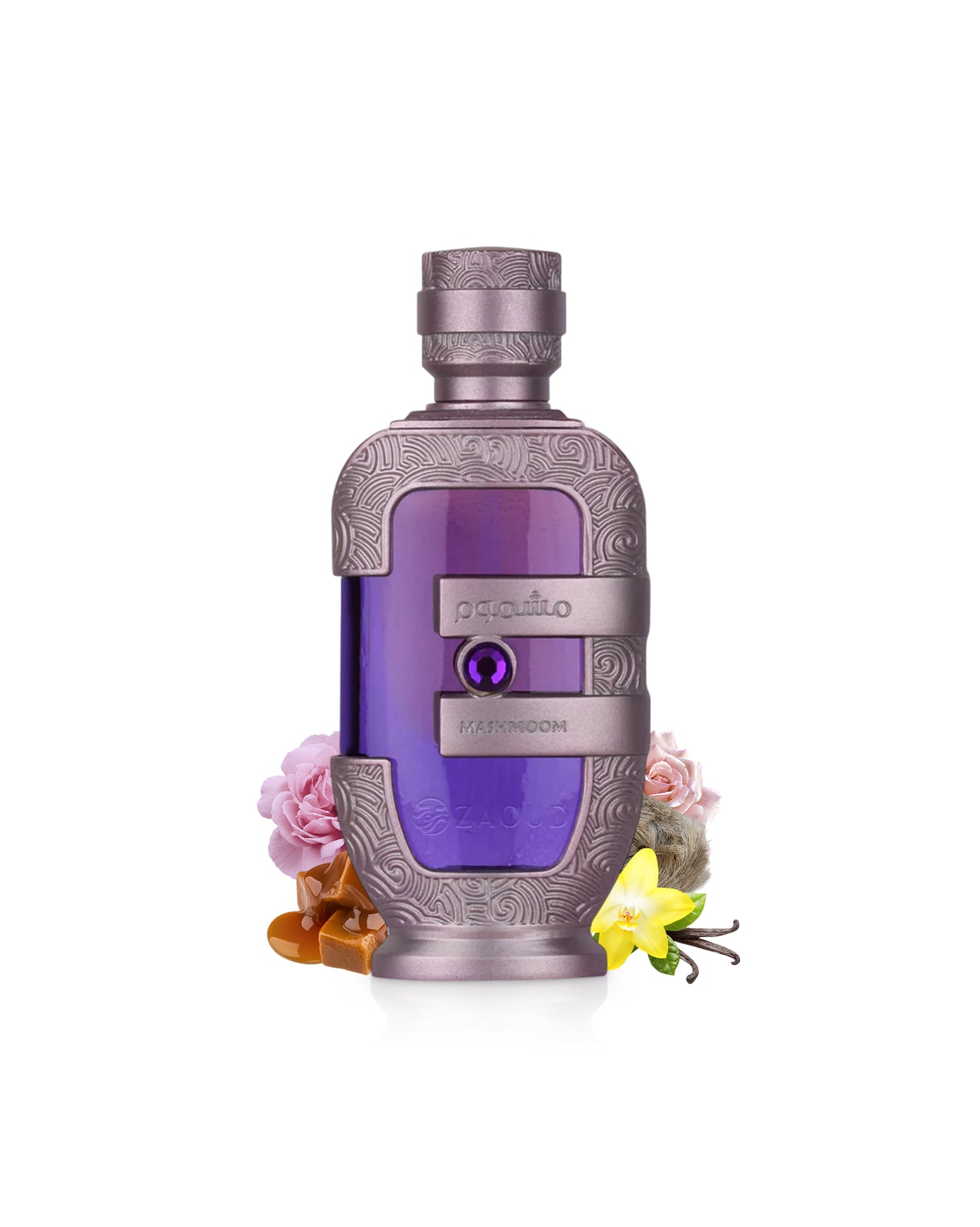 lattafa mashmoom perfume oil Decorative bottle with purple label and floral elements on a white background